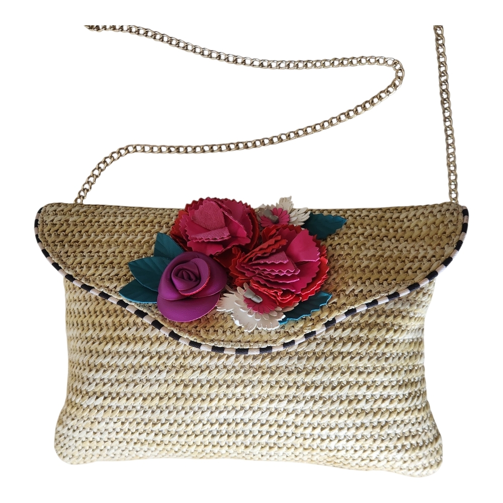 Betsey Johnson Straw Shoulder Bag with Floral Accents